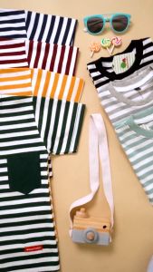 Baju Anak Bayi Perempuan Salur Pocket Kaos Balita Laki-Laki Garis Tshirt Strip Kasual Fashion Kids