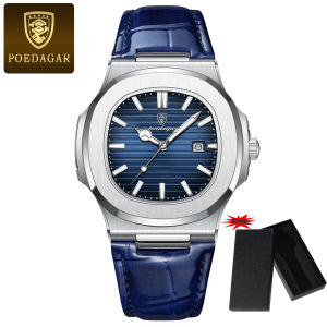 【With a Watch Box】POEDAGAR Top Brand Fashion Men Watches Luxury Business Man Wristwatch Waterproof Luminous Date Week Quartz Watches Square Shape Leather Strap High Quality Mens Watch 613P + Watch Box