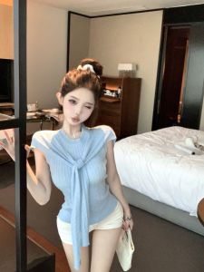 เสื้อกั๊กถักแขนกุดคอตั้งสีขาว ชุดสองชิ้น ผูกไหล่ สำหรับผู้หญิง ชุดฤดูร้อน ทรงเข้ารูป ผ้าฝ้ายผสมโพลีเอสเตอร์ ทรงเข้ารูป