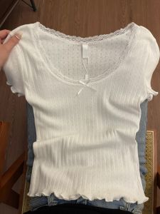 Sweet Girls Lace Trim T-shirt Womens Short Sleeve White Ballet Style Pure Desire Spring Summer Fashion Casual Top