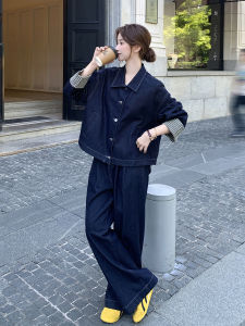 Cowboys Blue Loose Womens Denim Set Autumn New High Waist Wide Leg Pants Short Style Tops And Bottoms Two Pice Leisure Fashion