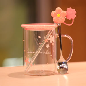 High Borosilicate Glass Sakura Cup Heat Resistant Office Drinking Water Cup Womens Style with Lid And Spoon Floral Tea Cup