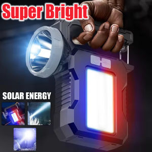 Super Bright Solar Flashlight Type-C Rechargeable Red Blue Side Light Warning Light Handheld Torch Outdoor Emergency Lighting