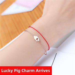 Zodiac Pig Red Rope Woven Titanium Steel Bracelet