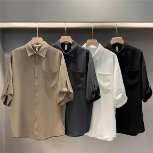 Summer Ice Silk Mens Short Sleeve Shirt Casual Loose Fit No Ironing Required Five-Quarter Sleeve Pure Color Sharp Style