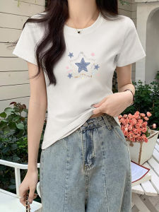Áo Thun Nữ Tay Ngắn Dáng Rộng Màu Trắng Mùa Hè 2024 Áo Thun Nữ Dáng Ôm Vừa Vặn Ngắn Cổ Tròn in Họa Tiết Mùa Hè