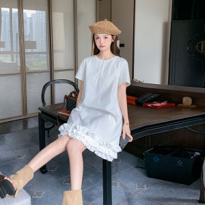 Unique Beautiful Wooden Edge Trim Splice White Dress Women Summer 2025 New Small Size Slim Sweet Skirt High Waist Short Sleeve