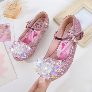 【Kotak Gratis】 Sepatu Kristal Anak Perempuan Beku 26-37 Anak Pesta Putri Elsa Sepatu Hak tumit rendah