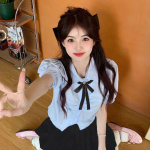 Blue Short Bubble Sleeve Shirt Womens Summer JK Uniform Set Top Design College Style Polyester Fiber Anti-Wrinkle Regular Sleeve