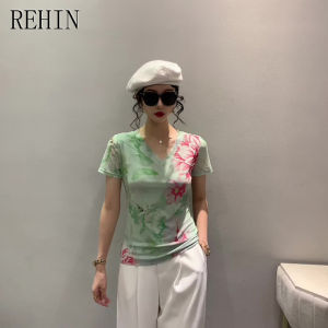 REHIN New Summer Fashion Printed Short-sleeved T-shirt V-neck with Floral Pattern for Slimming S-3XL and Skin-friendly Comfort top