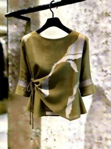 French Style Green Printed Blouse 3/4 Sleeves