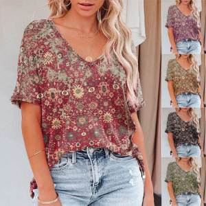 plus Size Womens T-Shirt Summer V-Neck Short Sleeve Printed Top Large Womens Fashion Casual Tee S-5XL