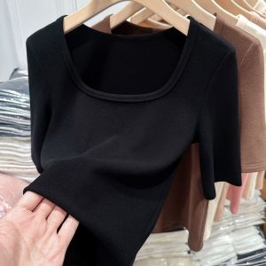 plus Size Womens Thickened Velvet Square Collar Mid-Sleeve Base Shirt Slimming Inner Wear T-Shirt Korean Style Slim Fit