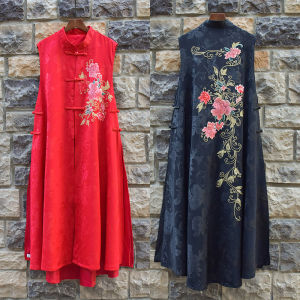 Long Embroidered Flower New Chinese Style Patchwork Vest Loose Fit Open Cardigan Sleeveless Outerwear for Middle-Aged Women