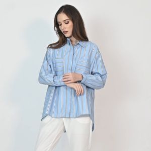 QUEENTIN Kemeja Long Back Wanita 0188 Katun Polymicro Motif Salur Lengan Panjang