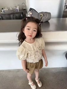 KID FASHION: Setelan Anak Perempuan Lengan Pendek Katun Tile O-Neck Kasual 1-4 Tahun