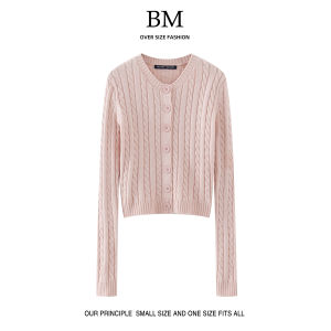 BM Fashion Round Neck Long Sleeve Knit Sweater Slim Fit Cotton Cardigan for Women Street Style Single Breasted Solid Color