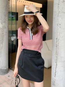 Pink Short Sleeve Knitted Top Womens Summer 2025 New Korean Style Hollow out Design Ladies Knitwear round Neck Pullover