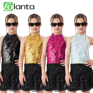 LOlanta Girls Sequin Halter Top Stretchy Tank Sparkly Dance Shirt Sleeveless Kids Birthday Party Concert Wear 6-12Years