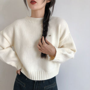 Red Knitted Short Thickened Sweater Womens Base Shirt Spring Autumn New Style Commute Korean Version Cashmere Yarn round Neck