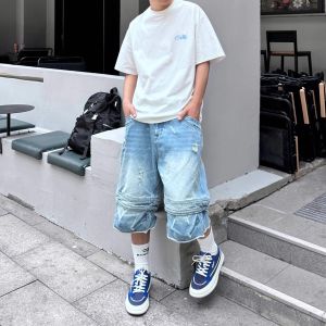 Retro American High Street Mens Denim Shorts Patchwork Design Loose Wide Leg Seven-Foot Jeans Casual Straight Cut Jeans