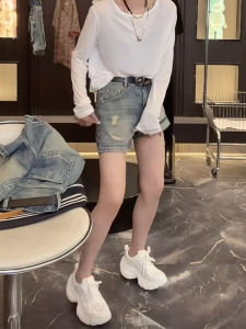 Retro Hole Denim Jeans Womens plus Size High Waist Slim A-Line Wide Leg Shorts Pear Shape Body Autumn New Style Blue Denim