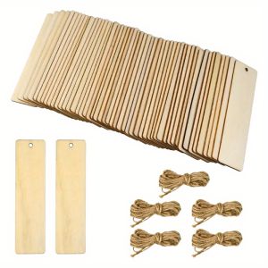 Wooden Blank Bookmark DIY Wooden Craft Bookmark Unfinished Wooden Tag List Rectangular Blank Bookmark with Hole and Rope