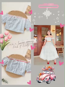 TW21690 เสื้อเกาะอกปาดไหล่ แขนตุ๊กตา แต่งแถบลูกไม้ ..