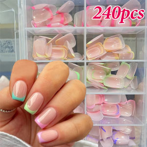 เล็บฝรั่งเศสทรงสี่เหลี่ยมสั้นมันวาวเล็บปลอมแบบเฟรนช์สีสวย240ชิ้นคลุมทั้งหมดเล็บปลอมฤดูใบไม้ผลิฤดูร้อนกดบนเล็บปลอม