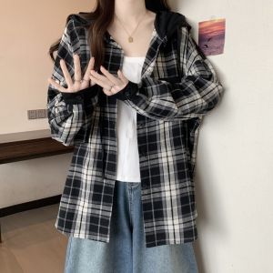 Áo Khoác Sơ Mi Kẻ Caro Cổ Tròn Dáng Rộng Thoải Mái Cho Nữ Mùa Xuân Thu Cỡ Lớn Thiết Kế Đơn Giản Phong Cách Hàn Quốc