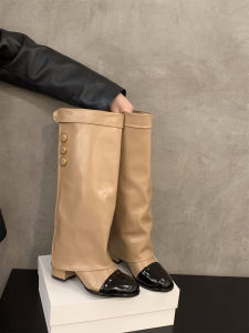 Khaki High-Tube Knight Boots Womens Shoes Color Block High Heel Spring Autumn Winter Fashion Boots round Toe Thick Heel
