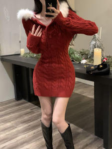 GUZILIAN | New Years Knitted Fur Mini Dress Womens French Style Spicy Retro Red Tight Fit Bodycon Short Skirt Half Open Collar Hoodie