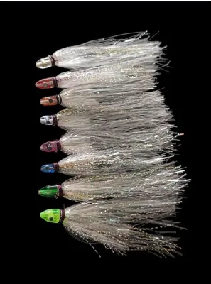 Single fish lure with colorful heads and silver tinsel tails for fishing.