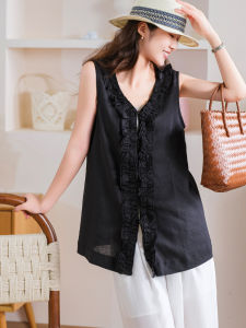 XIAOER | Áo Gile Cổ V Chữ Nhỏ Phối Nút Trang Trí Pha Sợi Linen và Tencel