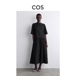 COS Casual Style Boat Neck Midi Dress Black New Arrival Autumn Standard Fit Pure Color Natural Waist Other Material Short Sleeve