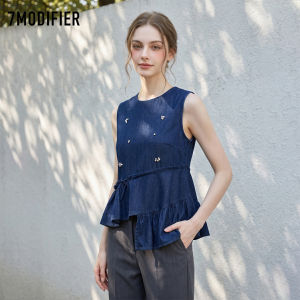 7.Modifier | Áo Nữ Dây Ruffle Cổ Tròn Không T Tay