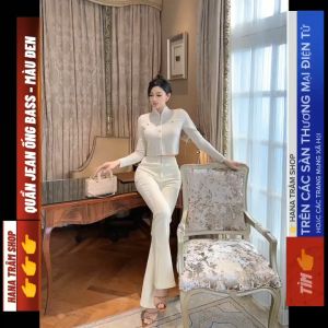 Quần jean dài nữ ống bass lưng cao 2 nút mẫu trơn co giãn mạnh