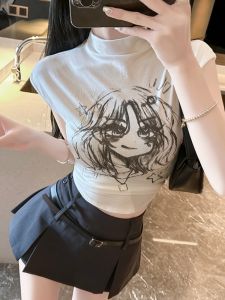 GUZILIAN | ชุดสองชิ้นคอสูงครึ่งตัวแขนสั้นลายการ์ตูนสำหรับผู้หญิง กระโปรงสั้นทรงเอ ชุดทำงานสไตล์เกาหลีฤดูใบไม้ร่วง