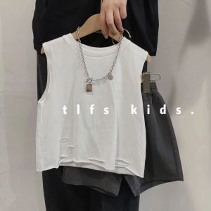 Boys Vest Hole Punching Sleeveless T-Shirt Cool Style Middle Small Children Korean Style White Top Children Trendy Sports Shirt
