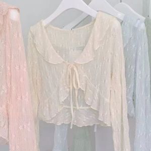 Sun Protection Lace Trim Cardigan Short Sleeve Long Sleeve V Neck Pure Color Korean Style Womens Summer Outerwear Coat