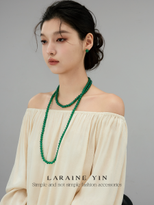 Long Green Agate Beaded Necklace Pure Silver Sweater Chain Layering New Chinese Style Fashion Jewelry Womens Accessory