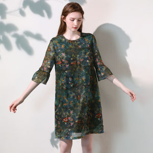 Miccbeirn | Elegant Silk Chiffon Print Dress Vintage Chinese Style Straight Cut Womens Dress Midi Skirt Seven Sleeve Length Summer Dress