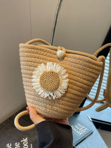 New 2025 Womens Straw Woven Bucket Bag Summer Trendy Design Shoulder Crossbody Beach Sandals Bag Soft PU Material Small Size