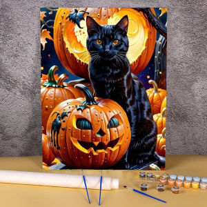 Kayou | Acrylic Paint By Numbers Witch Black Cat Handpainted Canvas Painting Halloween Idea Coloring By Numbers Home Decor on The Wall