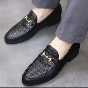 Giày lười công sở nam cao cấp in vân gù cá sấu gắn băng mác síc chuông giày dự tiệc nam đế cao su khâu may chắc chắn mã 68