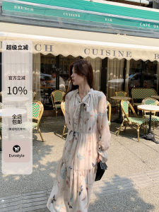 Evnstyle Gentle Vintage Butterfly Print Long Dress Womens Autumn Loose Sash Dress V-neck Full Sleeve Floral Print Gown