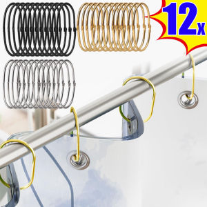 12Pcs/set Bathroom Oval Shower Curtain Hanging Ring Metal Anti-Rust Shower Curtain Ring Portable Mobile Bathroom Shower Curtain Railing Hook