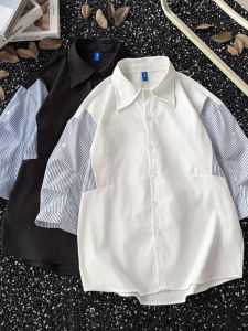 Loose Fit Ice Silk Short Sleeve Shirt Mens Fashionable Japanese Style Patchwork Striped Outerwear Breathable Comfortable Youth