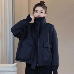 Elegant Cotton Jacket Womens Loose Casual Stand Collar Zipper Closure Cotton Coat Fall Winter Workwear Versatile Comfortable