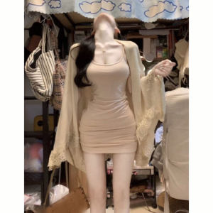 CHANGTONG | Slim Fit Wrap Dress with Lace Cape Spring Outfit Set